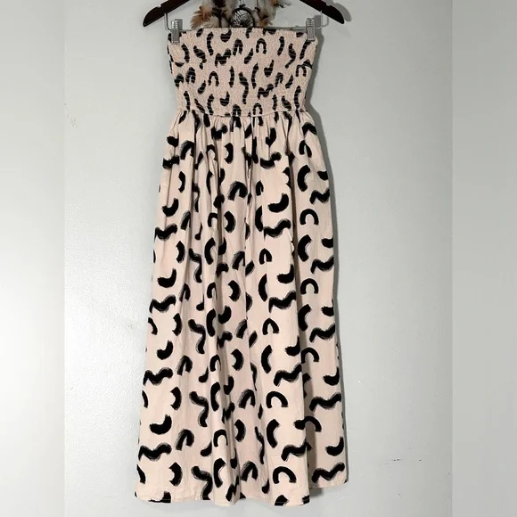 A New Day Women’s XS Strapless Smocked Tube Top Midi Sun Dress, Cream & Black - Picture 1 of 11